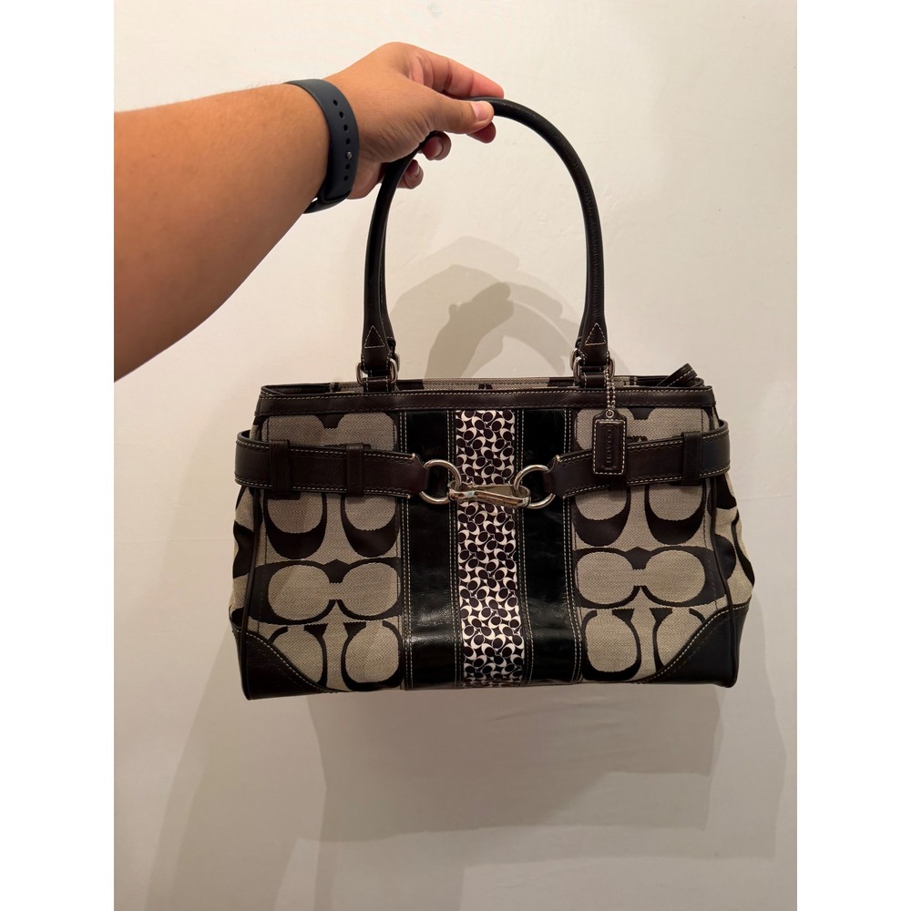 Coach Handbag Signature C Leather Stripe Black Grey Medium F13072